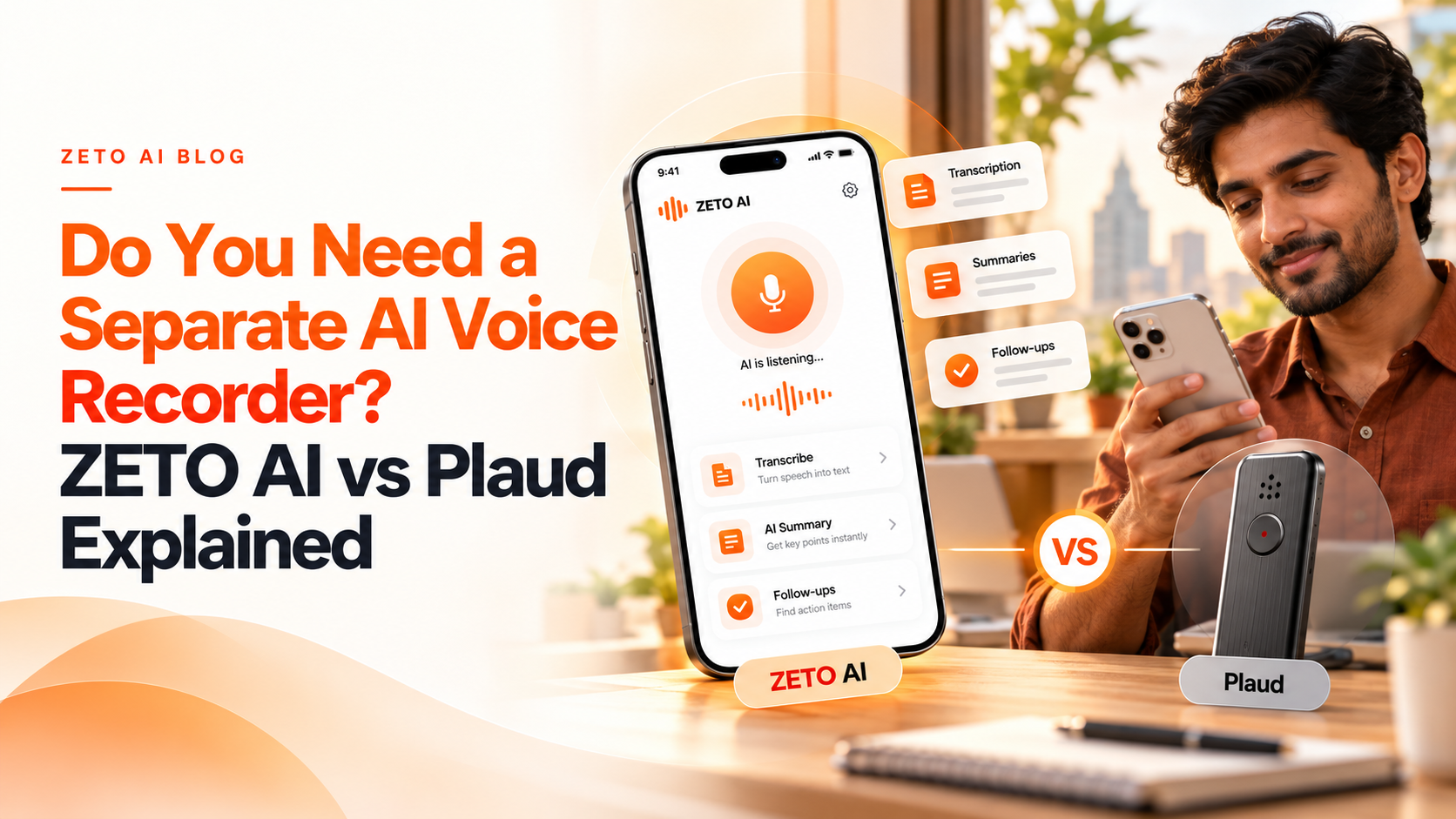 ZETO AI phone app versus Plaud dedicated AI voice recorder comparison
